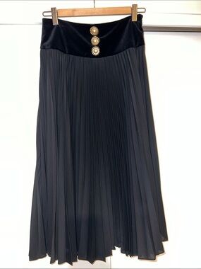 Ronny Kobo Collection Black Pleated Midi Skirt with Velvet Waistband